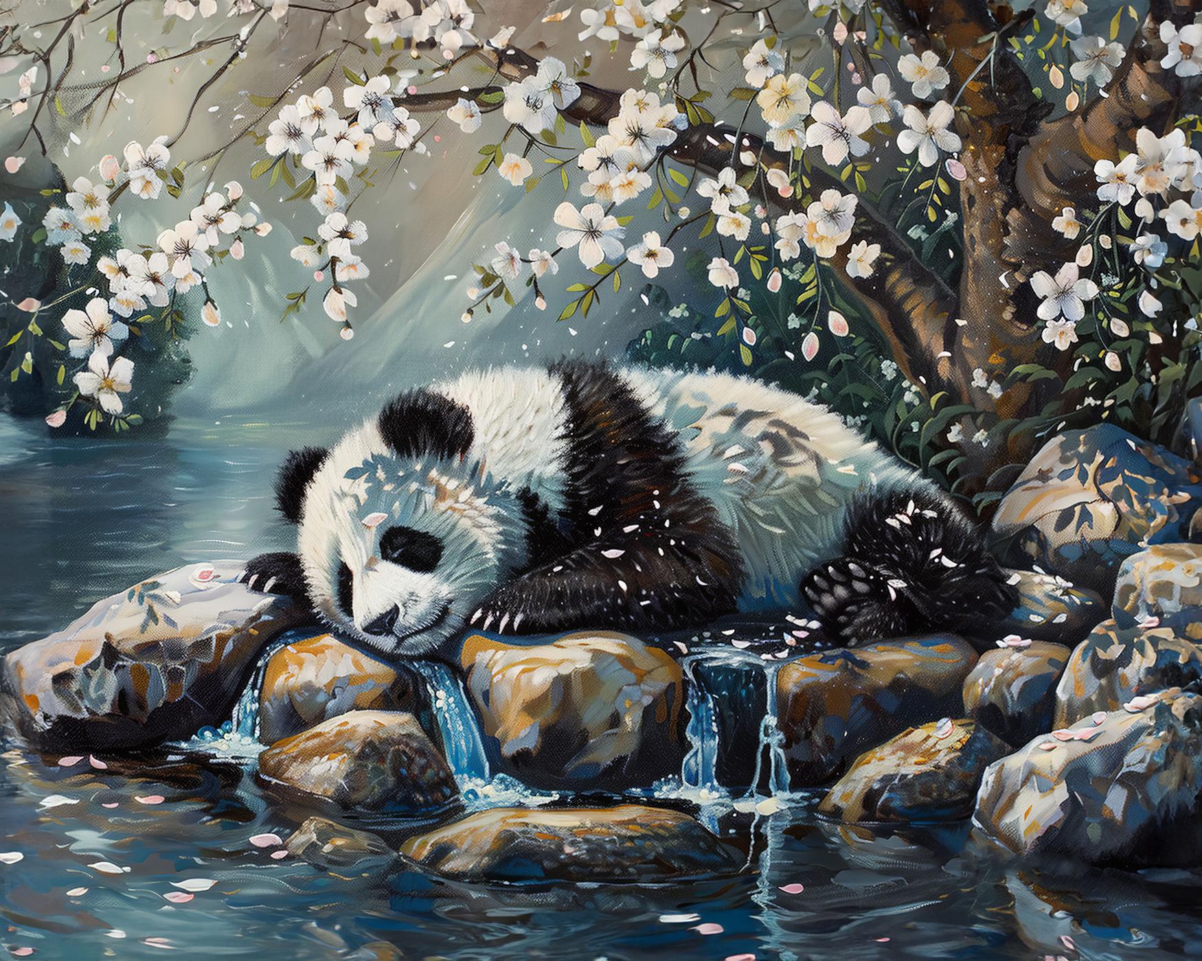 Obrazy na stěnu - SPÍCÍ PANDA A ROZKVETLÝ STROM Rozměr: 80x100 cm, Rámování: vypnuté plátno na rám