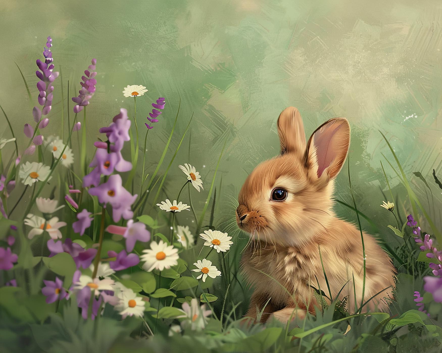 Obrazy na stěnu - KRÁLÍK V KVĚTINÁCH Rozměr: 80x100 cm, Rámování: bez rámu a bez vypnutí plátna