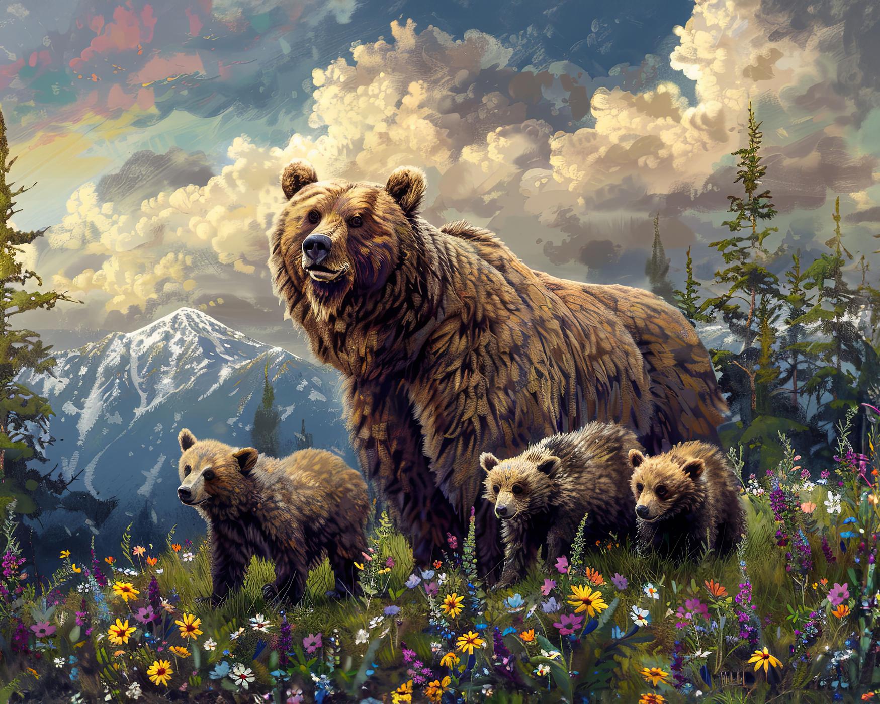 Obrazy na stěnu - MEDVĚD S MLÁĎATY V KVĚTINÁCH A HORY Rozměr: 40x50 cm, Rámování: vypnuté plátno na rám