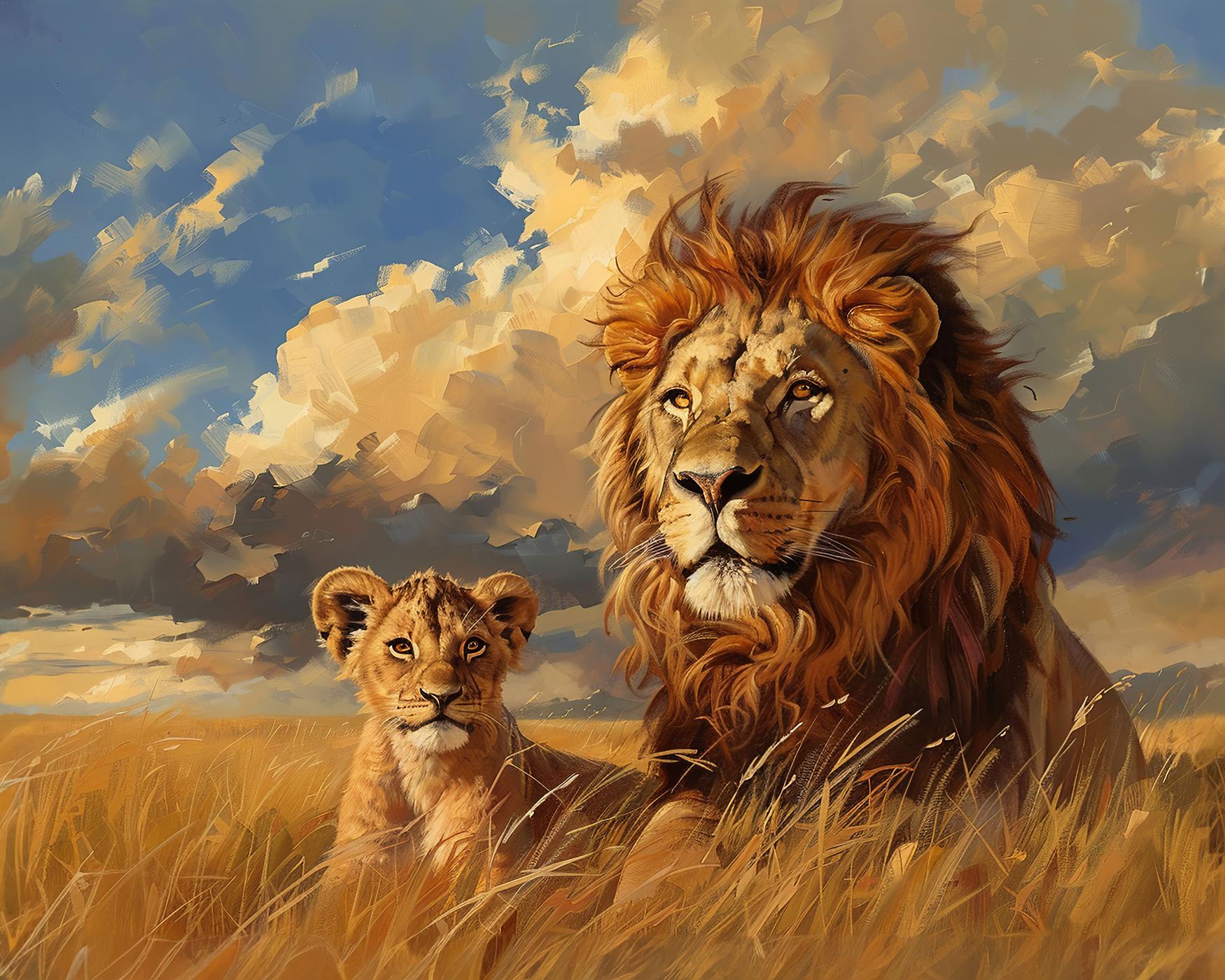 Obrazy na stěnu - LEV S MLÁDĚTEM A MRAKY Rozměr: 80x100 cm, Rámování: bez rámu a bez vypnutí plátna