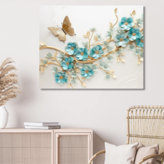 Obrazy na stěnu - Modré květy na zlatém keři Rozměr: 40x50 cm, Rámování: bez rámu a bez vypnutí plátna