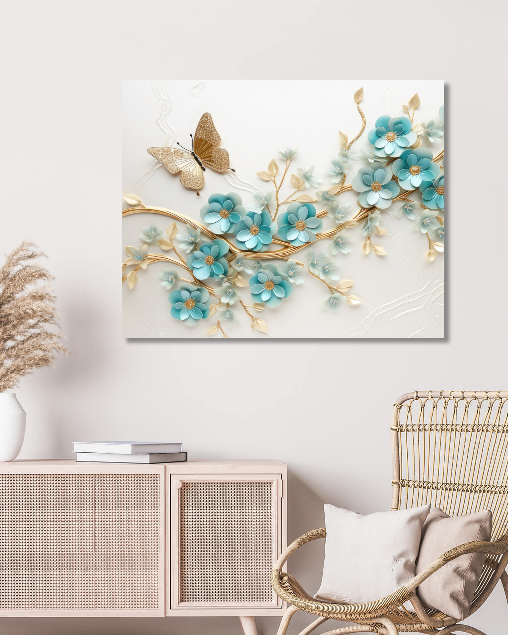 Obrazy na stěnu - Modré květy na zlatém keři Rozměr: 40x50 cm, Rámování: bez rámu a bez vypnutí plátna