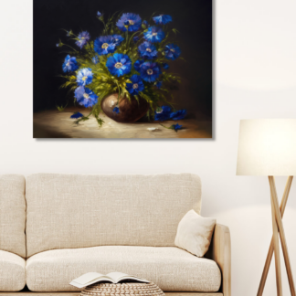 Obrazy na stěnu - Modré luční kvítí ve váze Rozměr: 80x100 cm, Rámování: vypnuté plátno na rám