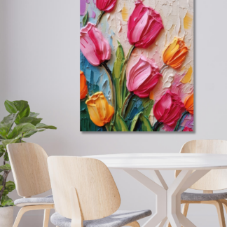 Obrazy na stěnu - Malba barevných tulipánů Rozměr: 80x100 cm, Rámování: vypnuté plátno na rám