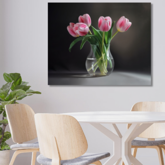 Obrazy na stěnu - Růžové tulipány v prosklené váze Rozměr: 80x100 cm, Rámování: vypnuté plátno na rám