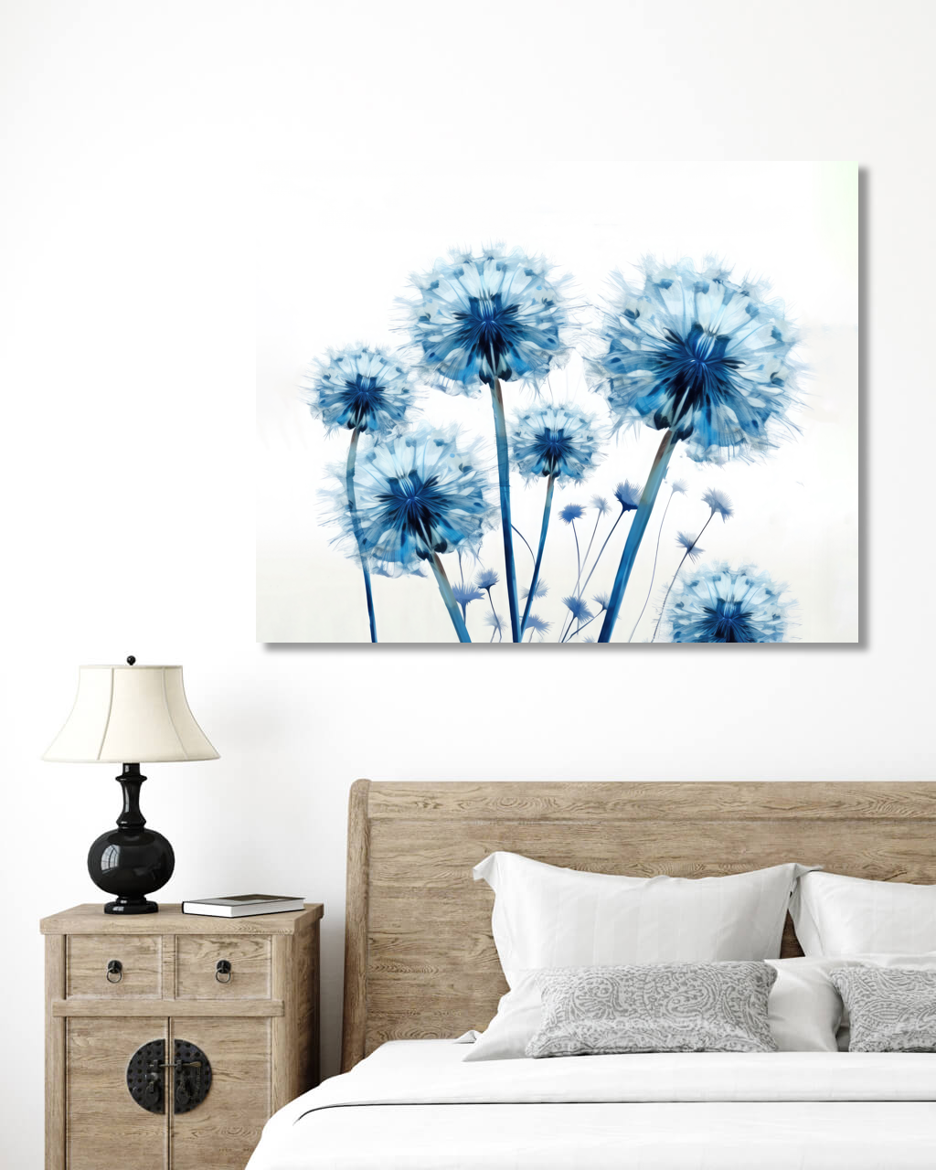 Obrazy na stěnu - Odkvetlé pampelišky - v modré Rozměr: 80x100 cm, Rámování: bez rámu a bez vypnutí plátna