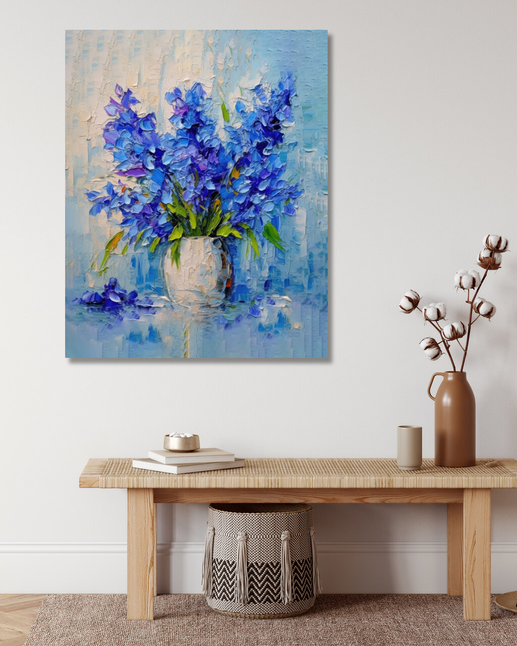 Obrazy na stěnu - Modré kosatce ve váze Rozměr: 80x100 cm, Rámování: bez rámu a bez vypnutí plátna