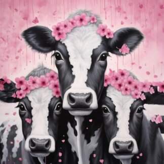 Obrazy na stěnu - Krávy s růžovými květinami Rozměr: 40x50 cm, Rámování: vypnuté plátno na rám