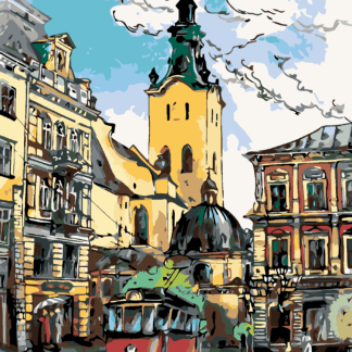 Malování podle čísel - TRAMVAJ NA NÁMĚSTÍ Rozměr: 80x100 cm, Rámování: vypnuté plátno na rám