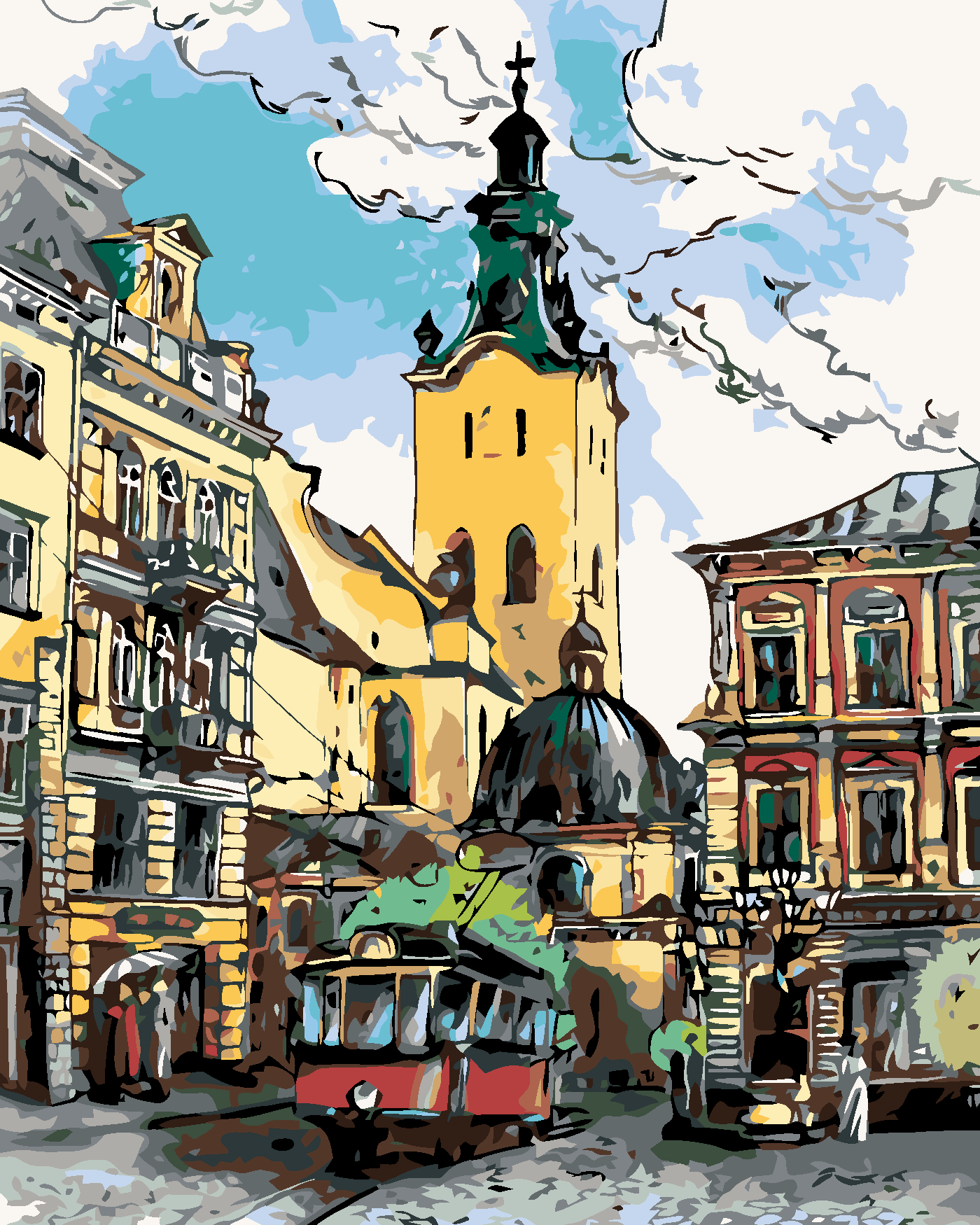 Malování podle čísel - TRAMVAJ NA NÁMĚSTÍ Rozměr: 80x100 cm, Rámování: vypnuté plátno na rám