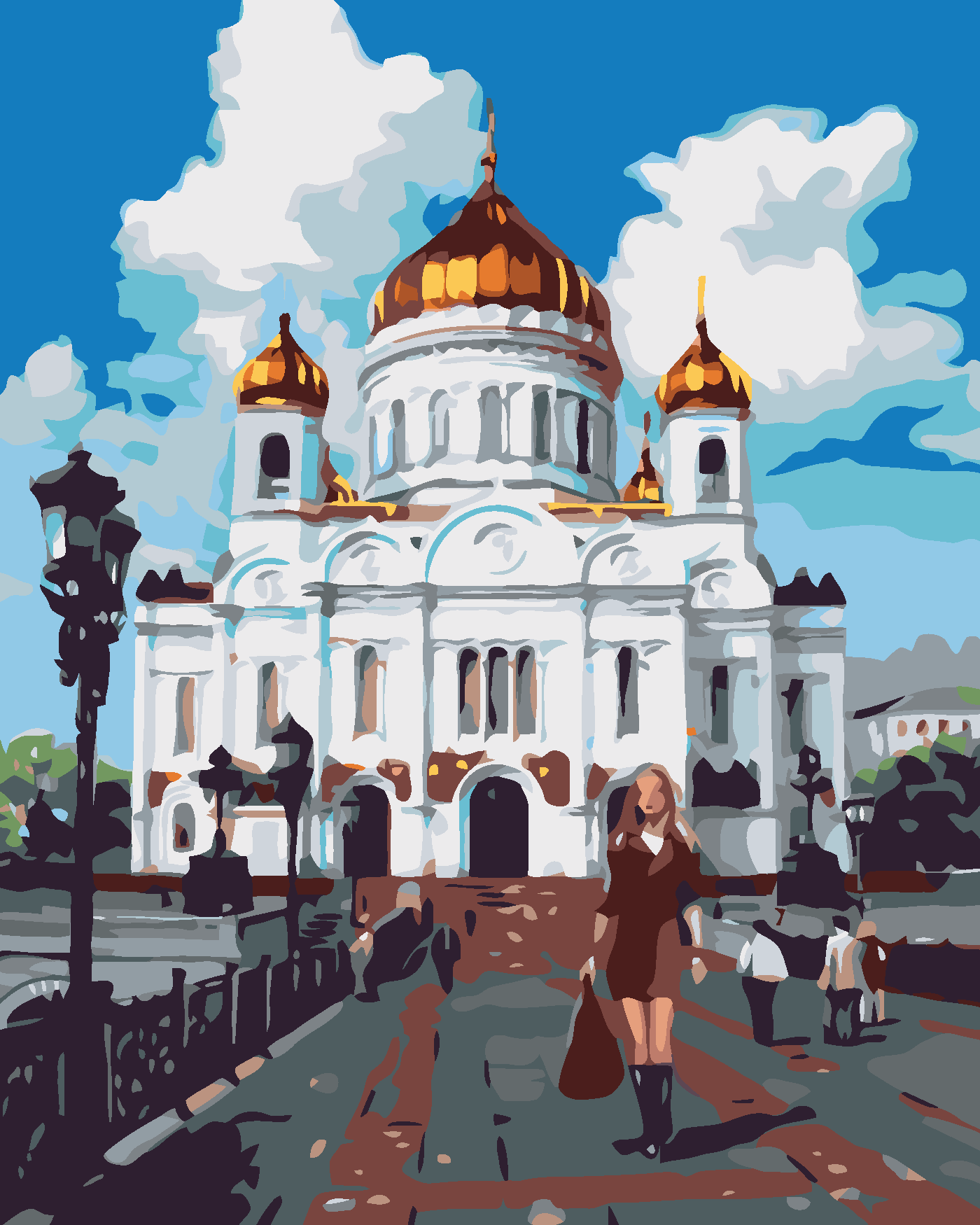 Malování podle čísel - ŽENA PŘED CHRÁMEM Rozměr: 40x50 cm, Rámování: vypnuté plátno na rám