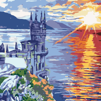 Malování podle čísel - ZÁMEK NA SKÁLE A VÝCHOD SLUNCE Rozměr: 80x100 cm, Rámování: bez rámu a bez vypnutí plátna