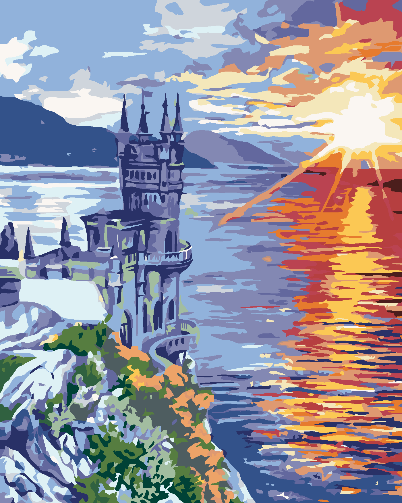 Malování podle čísel - ZÁMEK NA SKÁLE A VÝCHOD SLUNCE Rozměr: 40x50 cm, Rámování: vypnuté plátno na rám