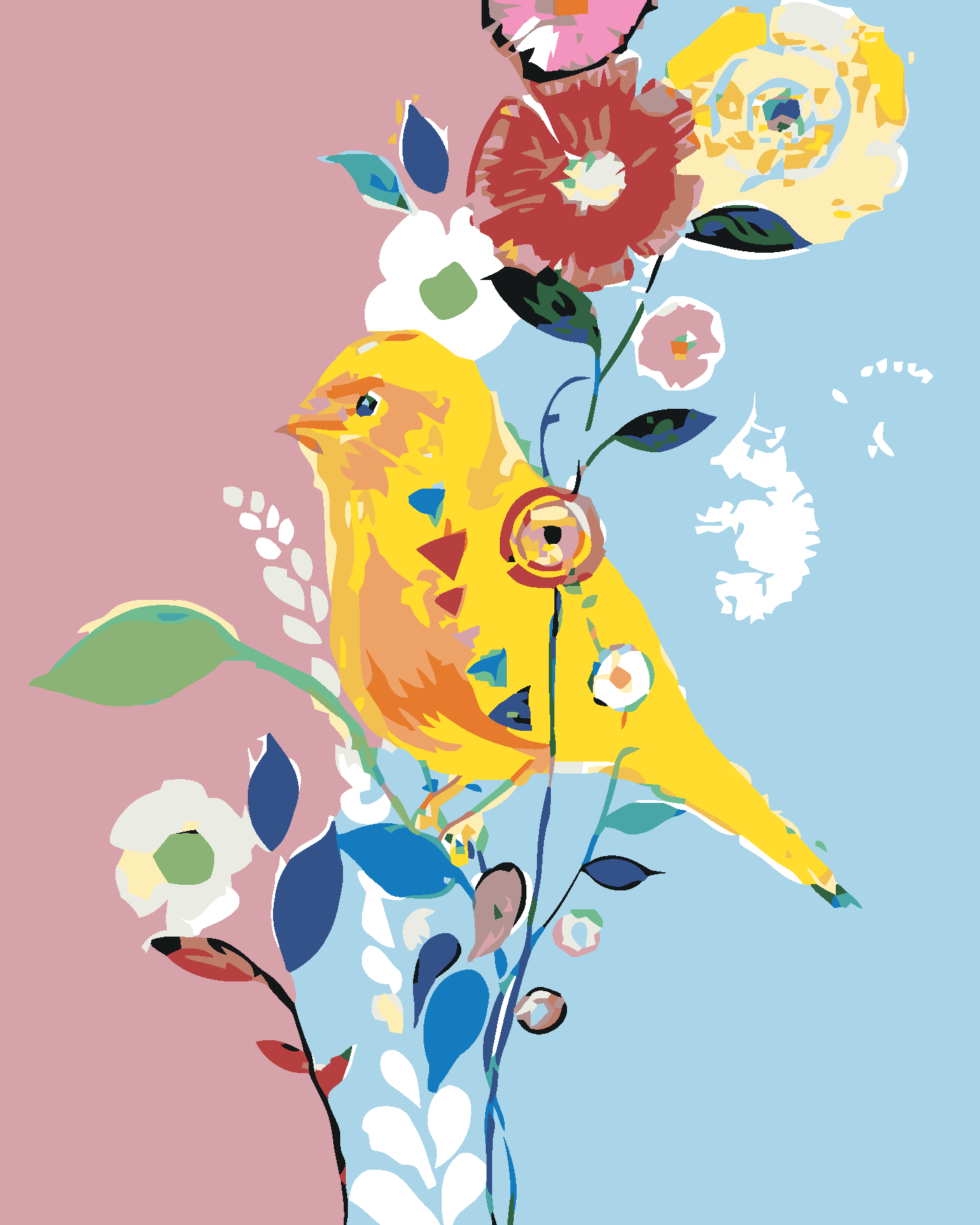 Malování podle čísel - ŽLUTÝ PTÁČEK S KVĚTINAMI Rozměr: 80x100 cm, Rámování: vypnuté plátno na rám
