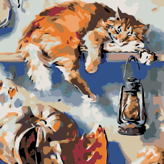 Malování podle čísel - SPÍCÍ KOCOUR NA POLIČCE VE SPÍŽI Rozměr: 40x50 cm, Rámování: bez rámu a bez vypnutí plátna