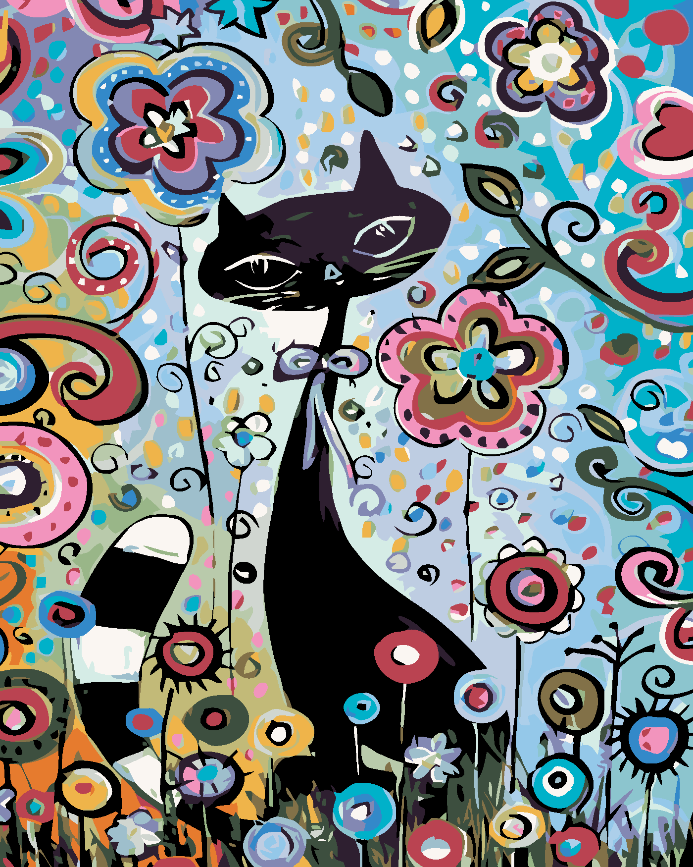 Malování podle čísel - KOČKA V KVĚTINÁCH Rozměr: 80x100 cm, Rámování: vypnuté plátno na rám