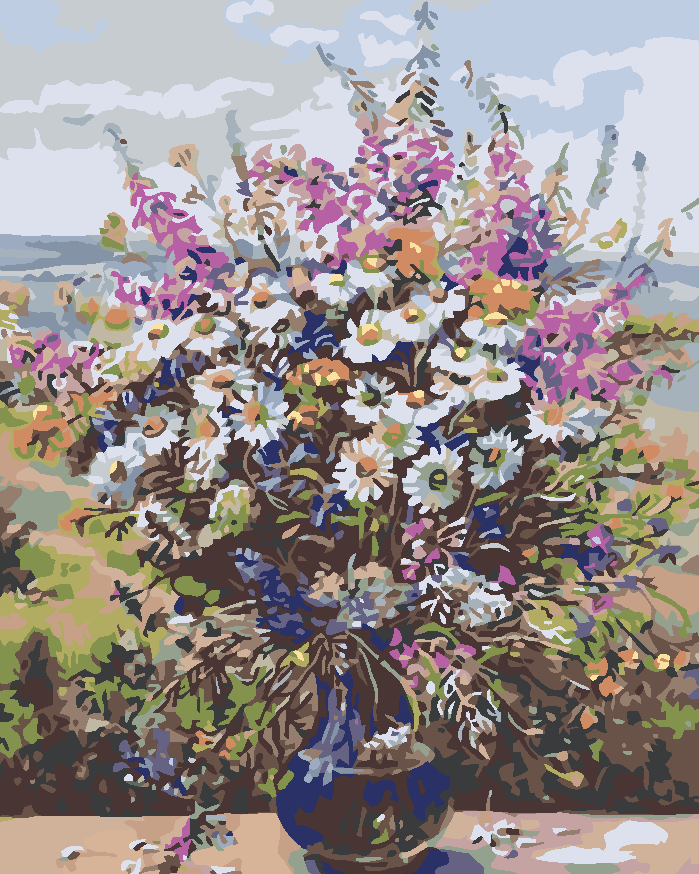 Malování podle čísel - LETNÍ KYTICE VE SKLENĚNÉ VÁZE Rozměr: 80x100 cm, Rámování: vypnuté plátno na rám
