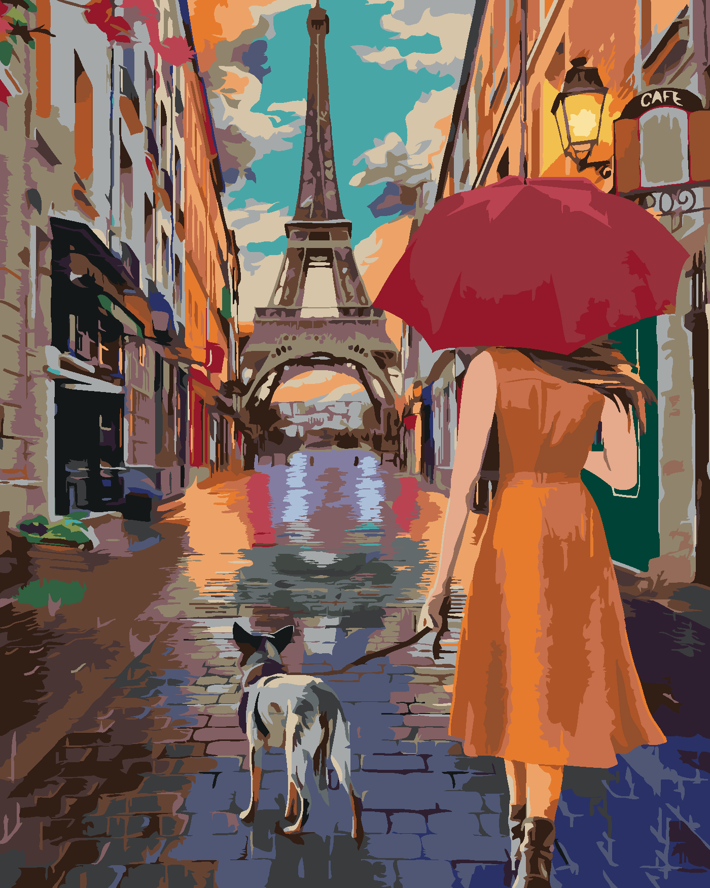 Malování podle čísel - PAŘÍŽ EIFFELOVA VĚŽ PROCHÁZKA ULIČKOU Rozměr: 40x50 cm, Rámování: bez rámu a bez vypnutí plátna