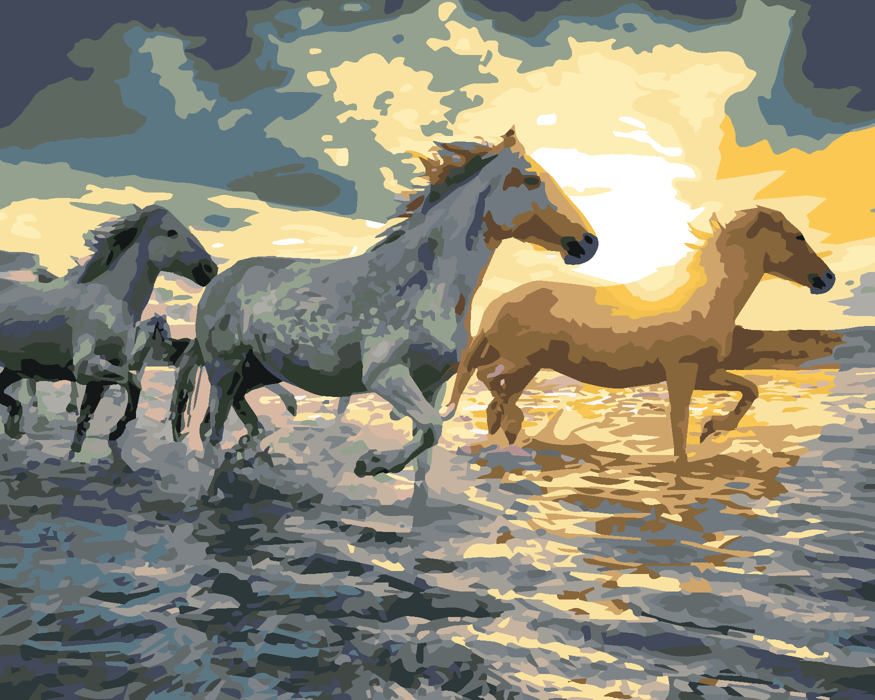 Malování podle čísel - KONĚ VE VODĚ Rozměr: 80x100 cm, Rámování: bez rámu a bez vypnutí plátna
