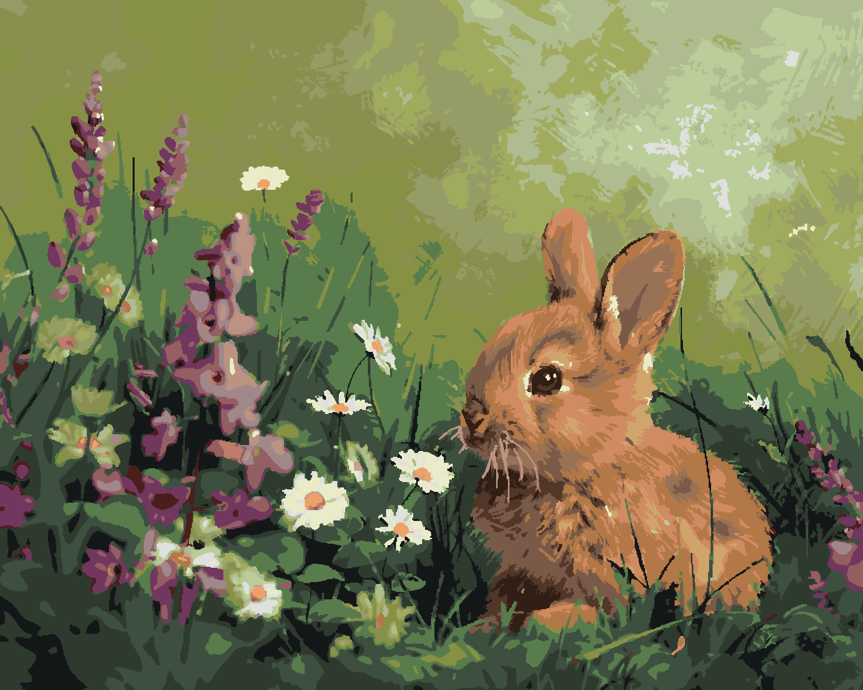 Malování podle čísel - KRÁLÍK V KVĚTINÁCH Rozměr: 40x50 cm, Rámování: vypnuté plátno na rám