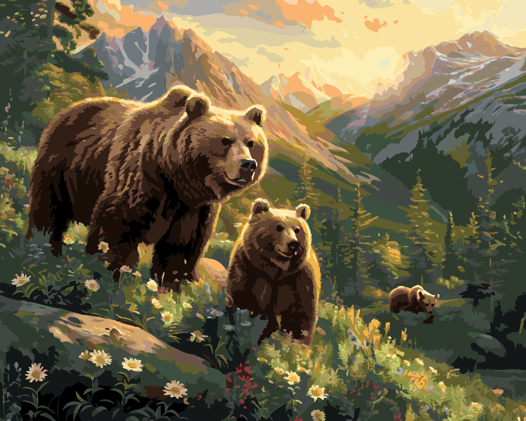 Malování podle čísel - ZÁPAD SLUNCE, MEDVĚD S MLÁĎATY A ŘEKA MEZI HORAMI Rozměr: 80x100 cm, Rámování: bez rámu a bez vypnutí plátna
