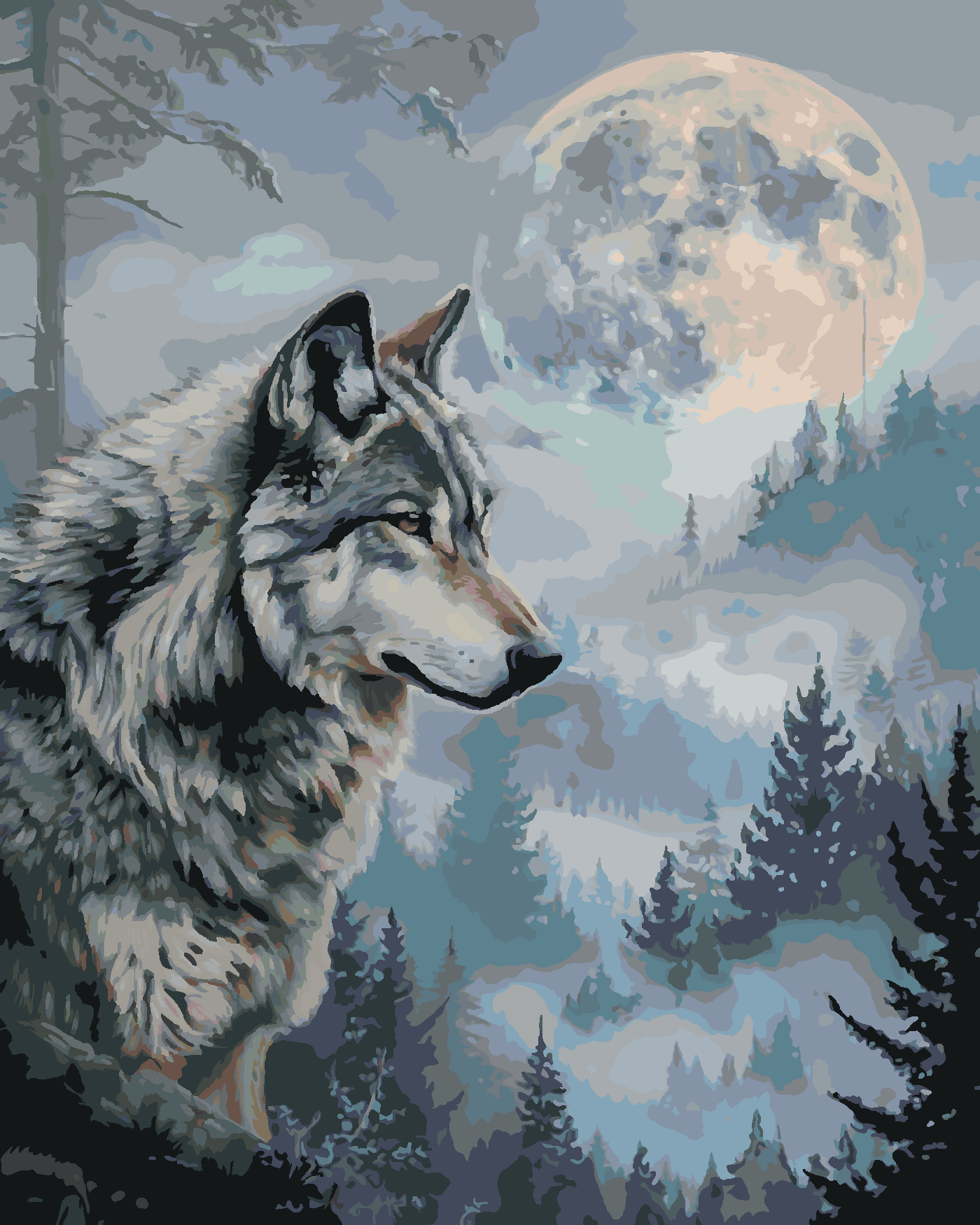 Malování podle čísel - VLK, LES A ÚPLŇĚK Rozměr: 80x100 cm, Rámování: bez rámu a bez vypnutí plátna