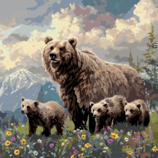 Malování podle čísel - MEDVĚD S MLÁĎATY V KVĚTINÁCH A HORY Rozměr: 80x100 cm, Rámování: bez rámu a bez vypnutí plátna