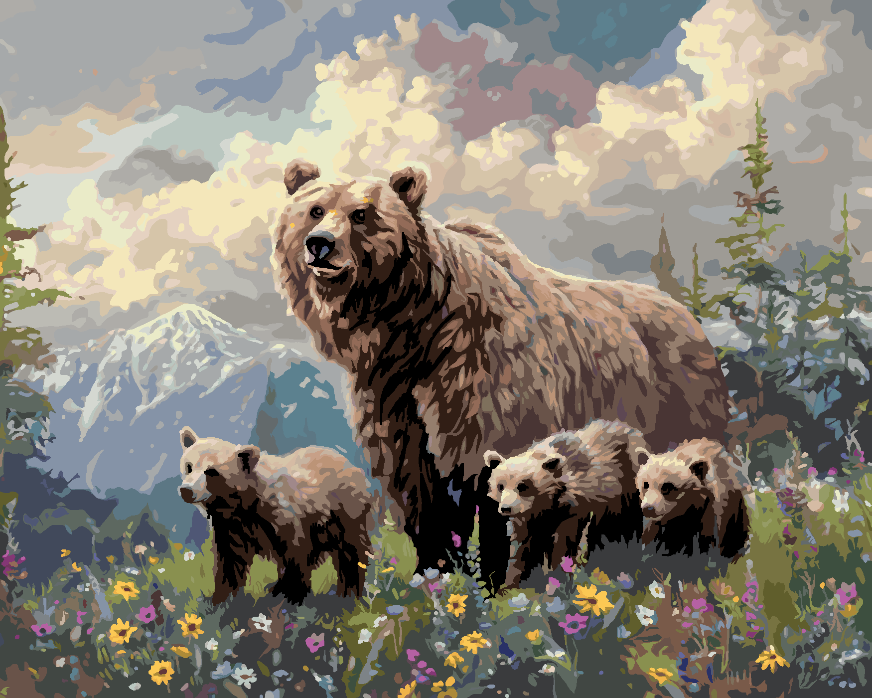 Malování podle čísel - MEDVĚD S MLÁĎATY V KVĚTINÁCH A HORY Rozměr: 40x50 cm, Rámování: vypnuté plátno na rám