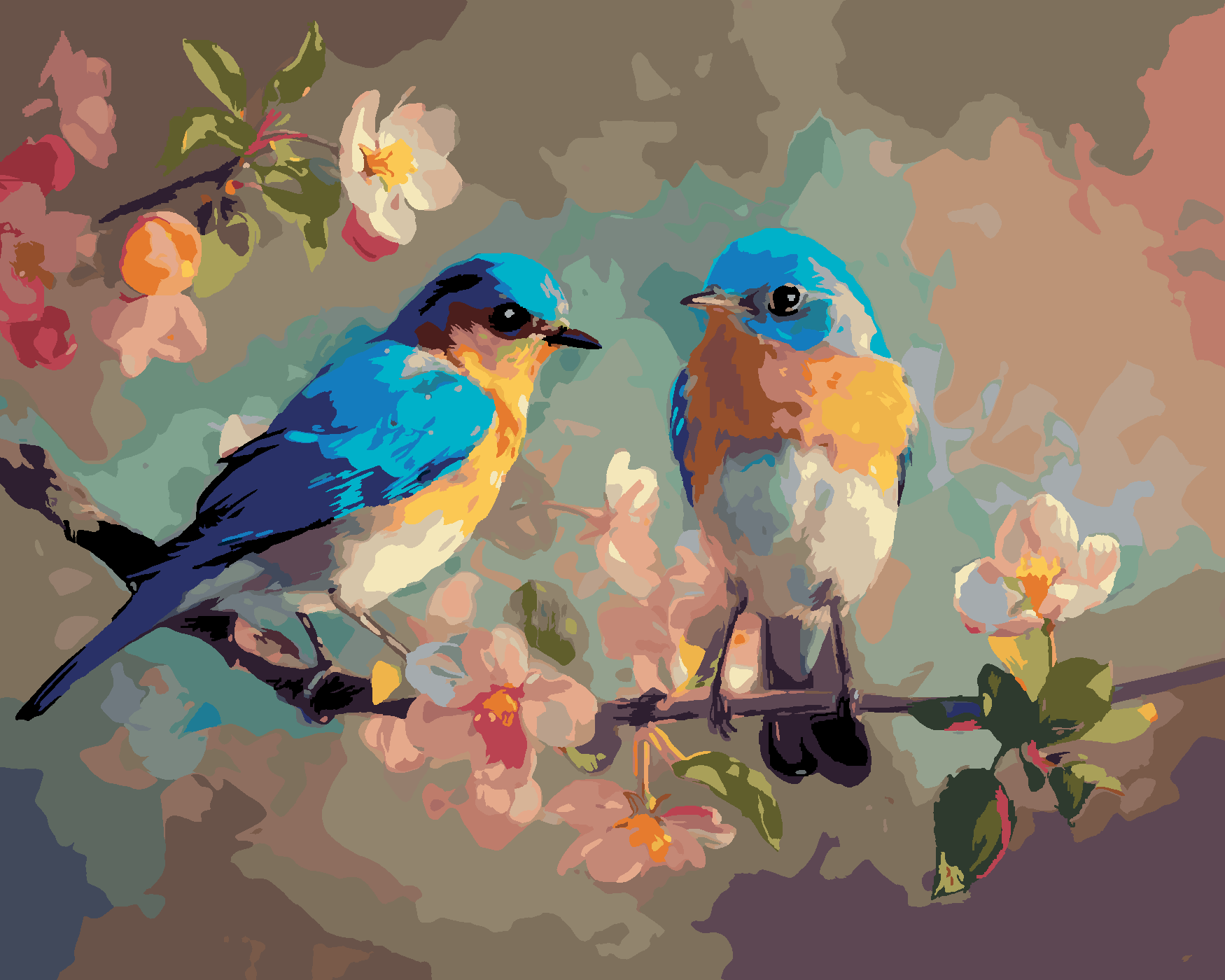 Malování podle čísel - PTÁK SALAŠNÍK NA ROZKVETLÉ VĚTVI Rozměr: 40x50 cm, Rámování: vypnuté plátno na rám