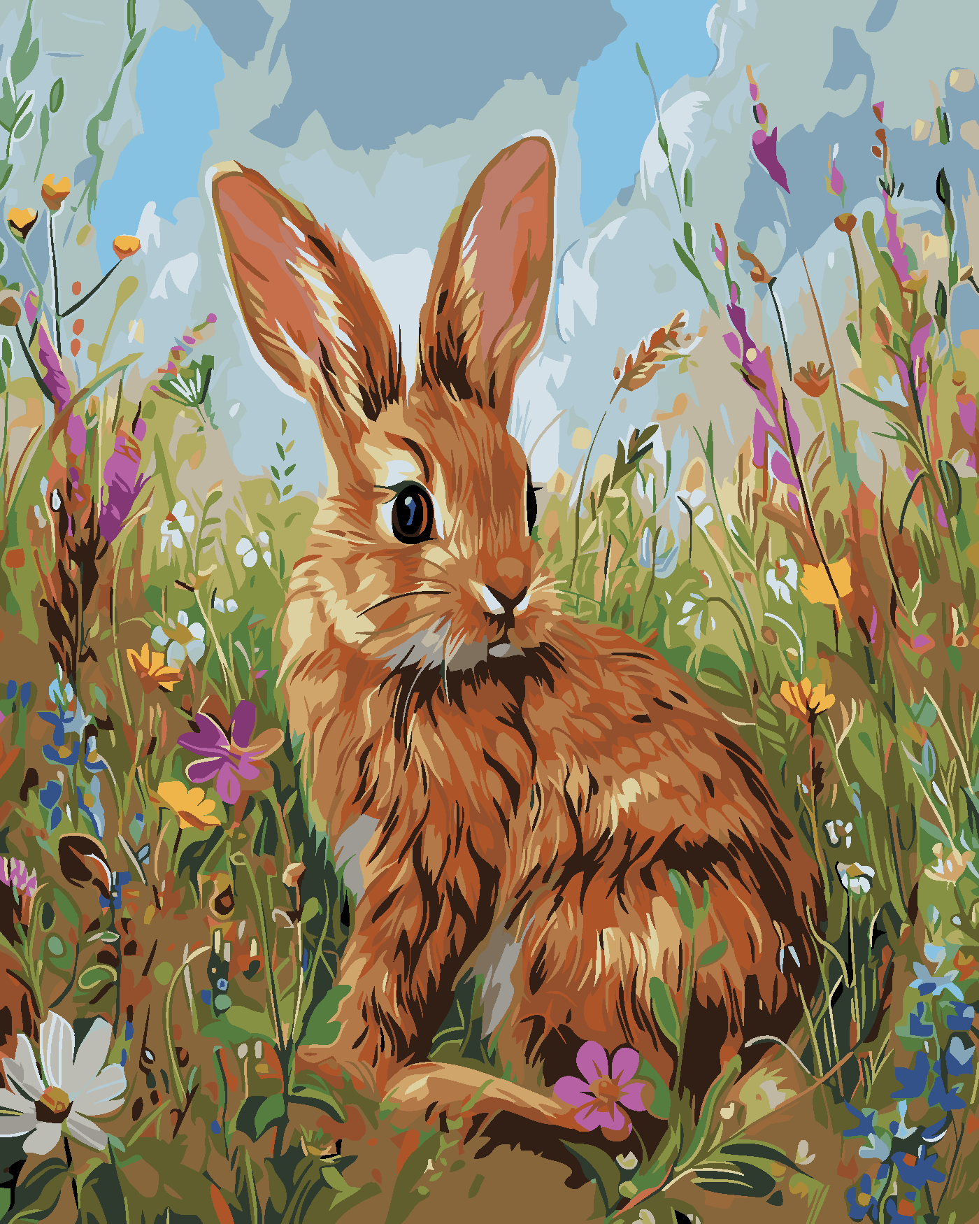 Malování podle čísel - KRÁLÍK A JARNÍ KVĚTINY Rozměr: 40x50 cm, Rámování: vypnuté plátno na rám