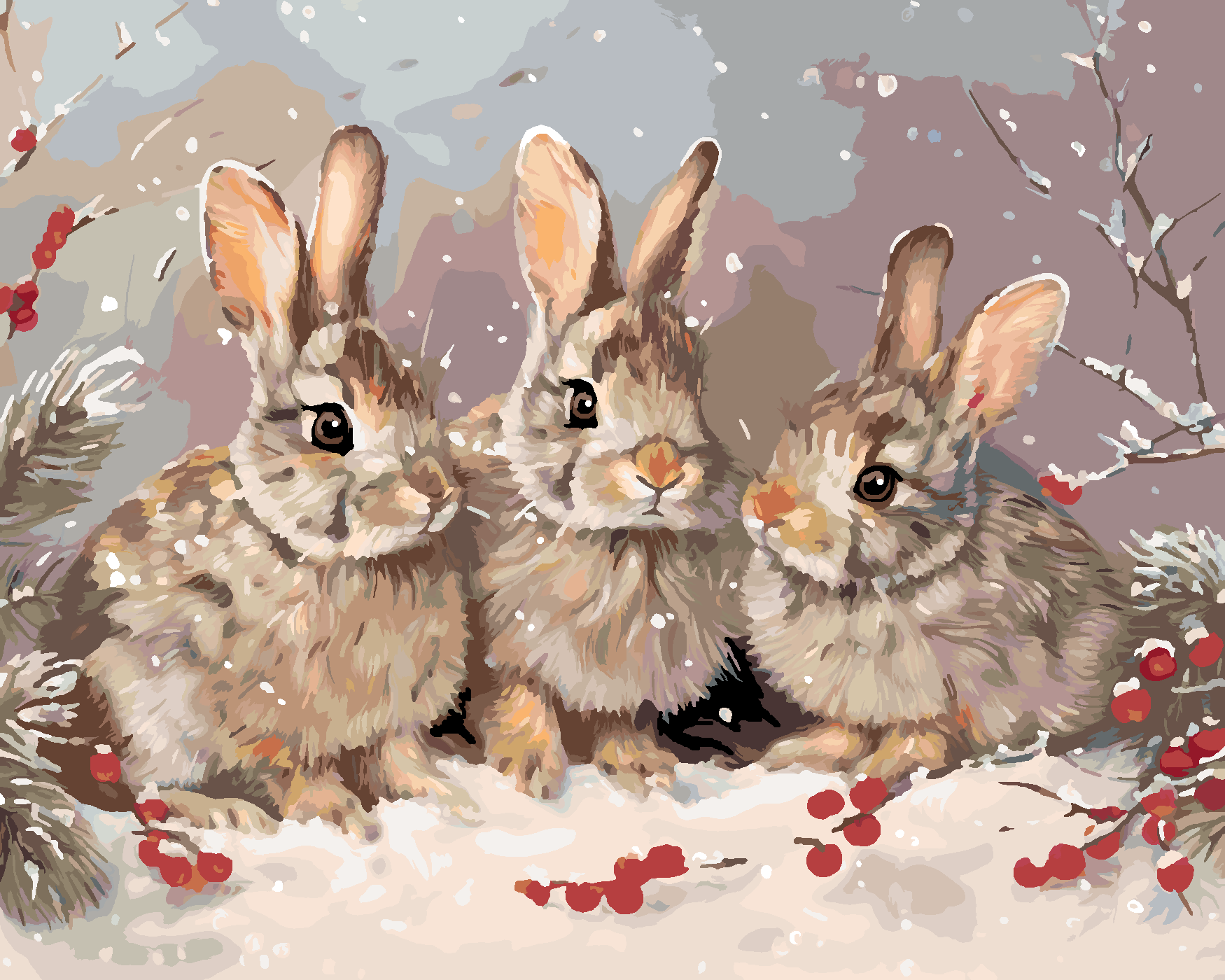 Malování podle čísel - KRÁLÍCI V ZIMĚ Rozměr: 40x50 cm, Rámování: vypnuté plátno na rám