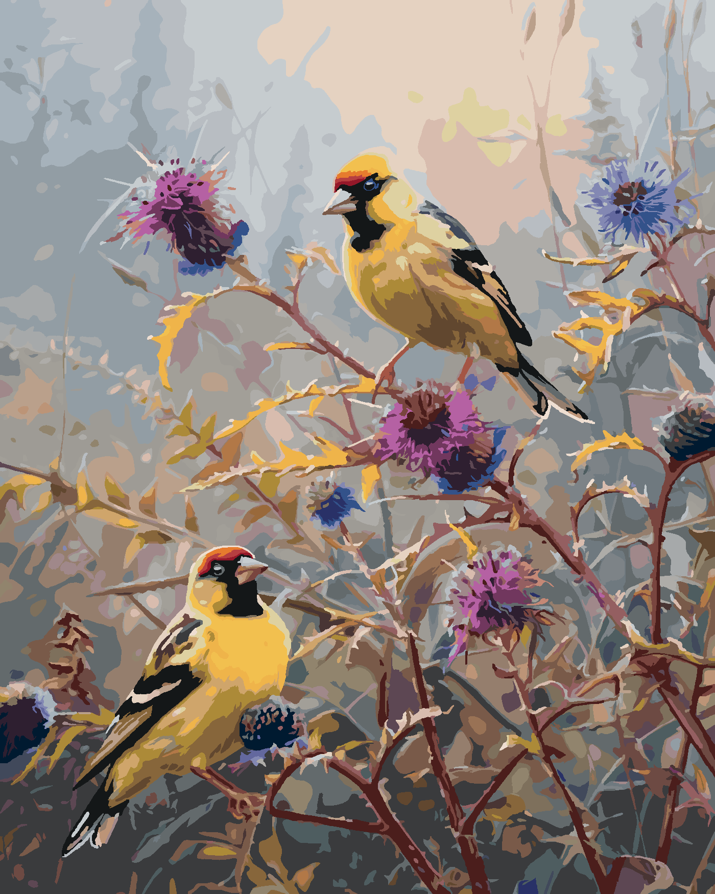 Malování podle čísel - ČÍŽEK NA BODLÁKU Rozměr: 80x100 cm, Rámování: vypnuté plátno na rám