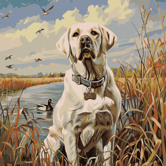 Malování podle čísel - ZLATÝ LABRADOR V RÁKOSÍ U RYBNÍKA A KACHNY Rozměr: 40x50 cm, Rámování: vypnuté plátno na rám