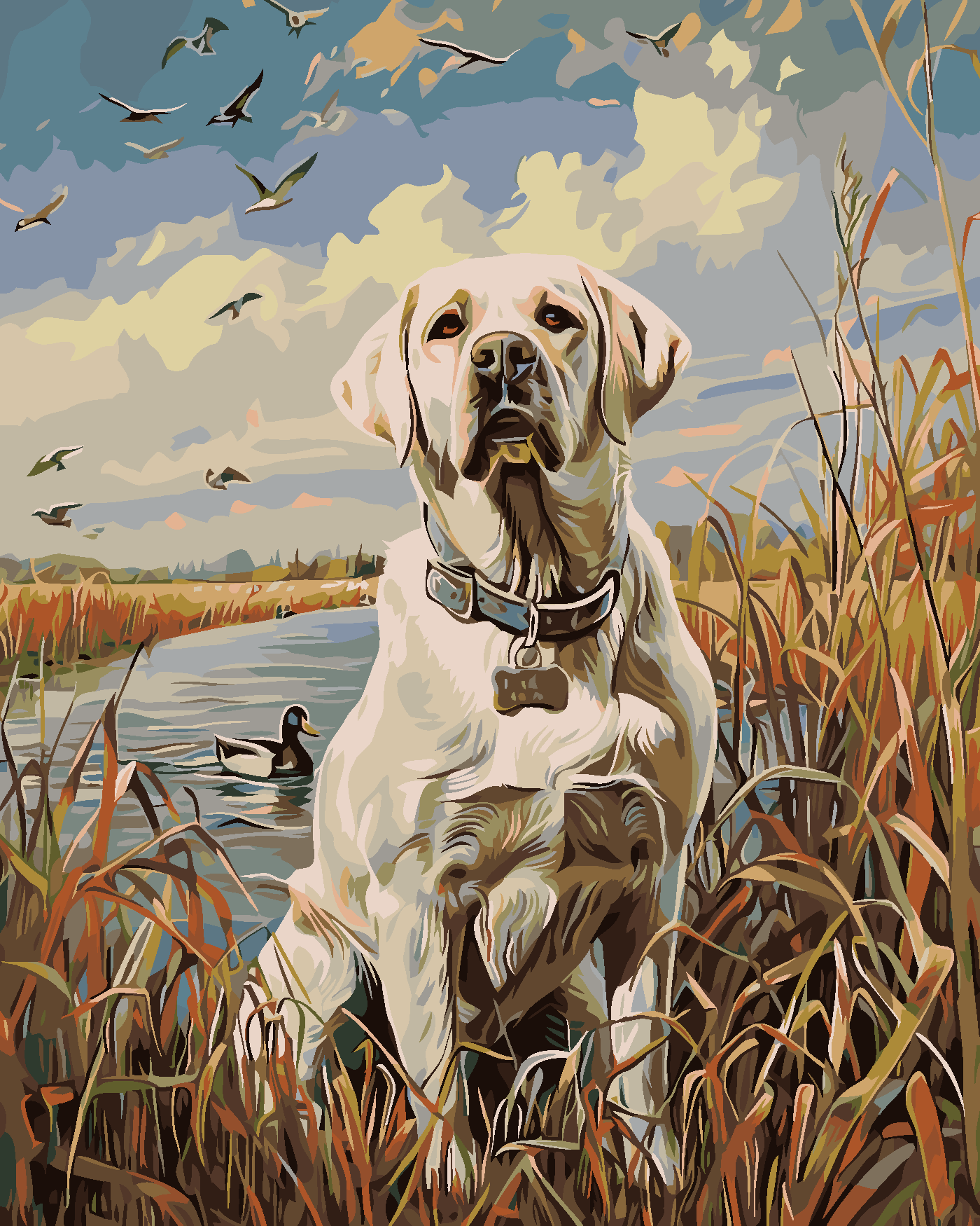 Malování podle čísel - ZLATÝ LABRADOR V RÁKOSÍ U RYBNÍKA A KACHNY Rozměr: 80x100 cm, Rámování: vypnuté plátno na rám
