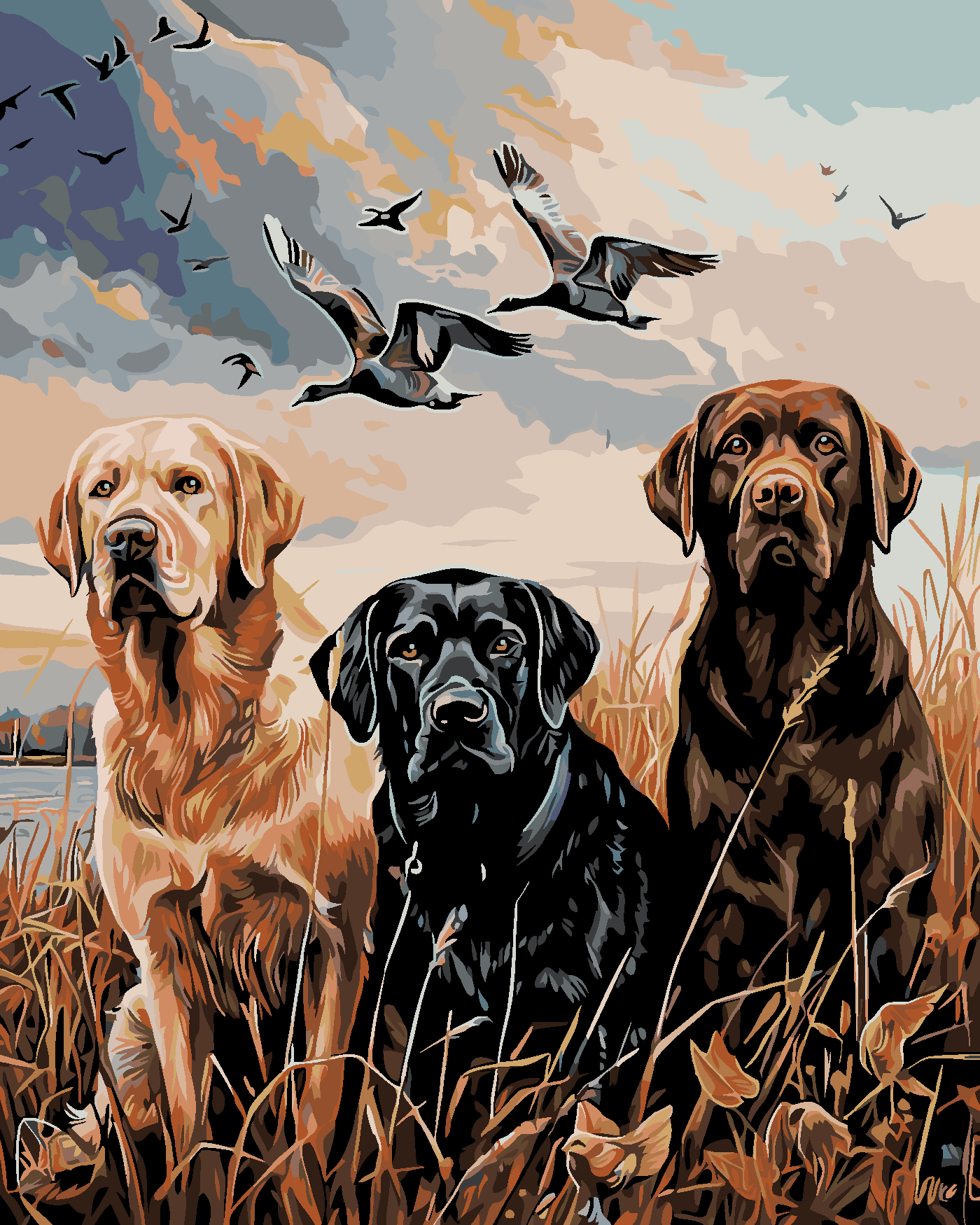 Malování podle čísel - ZLATÝ, HNĚDÝ A ČERNÝ LABRADOR V RAKOSÍ U RYBNÍKA Rozměr: 80x100 cm, Rámování: bez rámu a bez vypnutí plátna