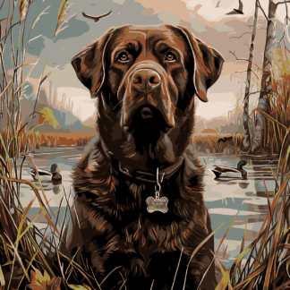 Malování podle čísel - HNĚDÝ LABRADOR V RÁKOSÍ U RYBNÍKA Rozměr: 40x50 cm, Rámování: vypnuté plátno na rám
