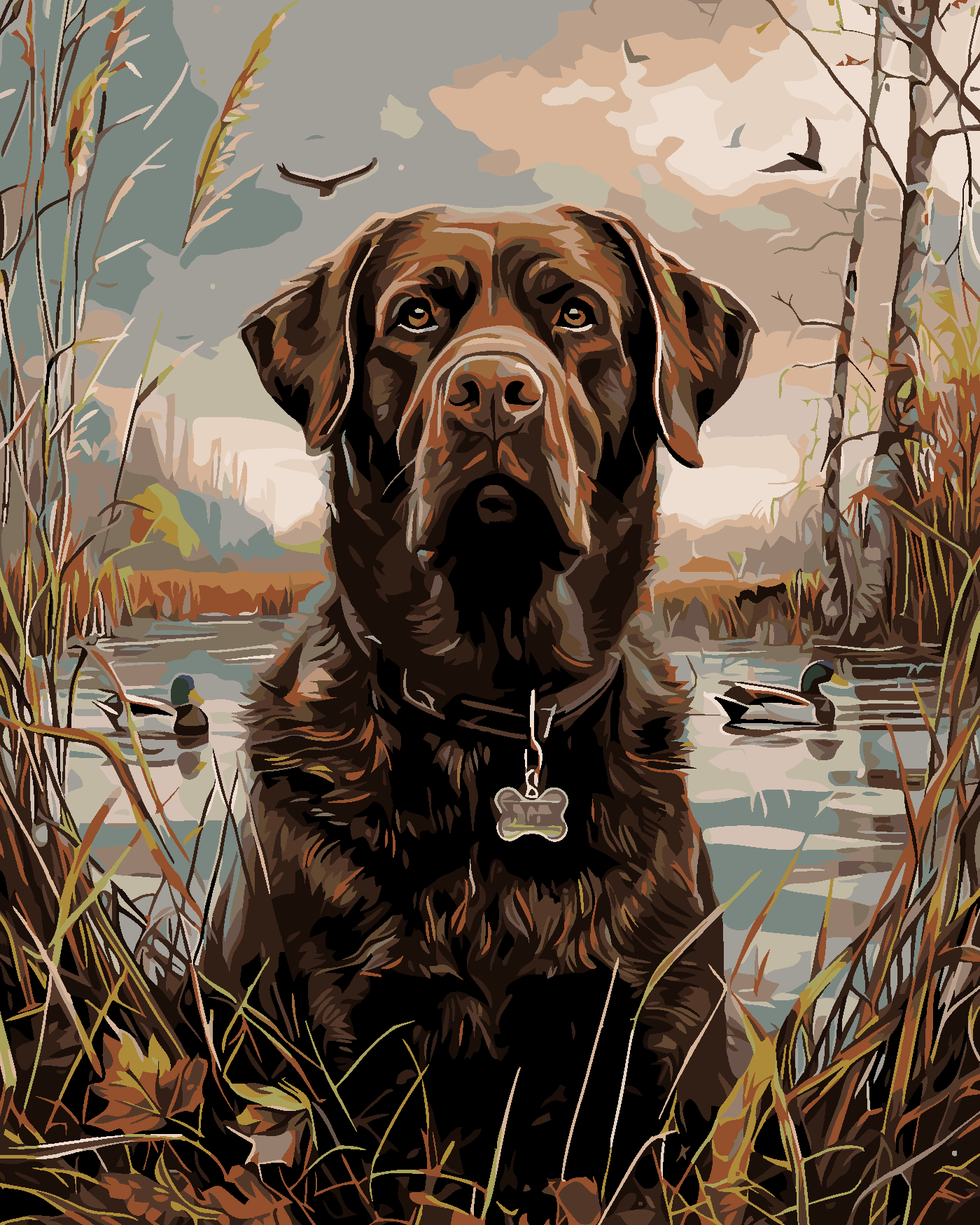 Malování podle čísel - HNĚDÝ LABRADOR V RÁKOSÍ U RYBNÍKA Rozměr: 80x100 cm, Rámování: bez rámu a bez vypnutí plátna