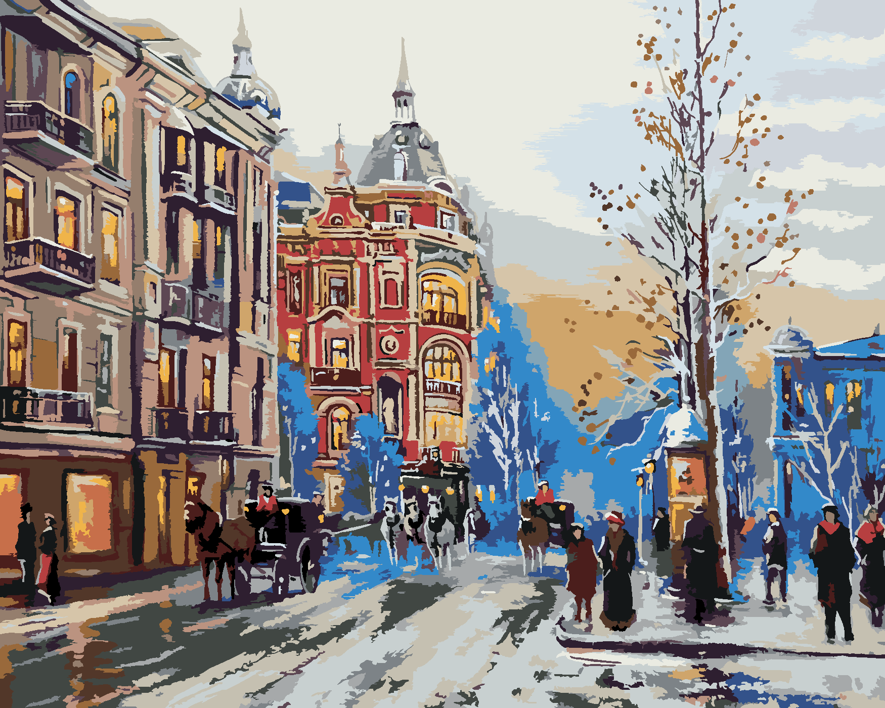 Malování podle čísel - ZIMNÍ MĚSTSKÁ ULIČKA Rozměr: 40x50 cm, Rámování: vypnuté plátno na rám