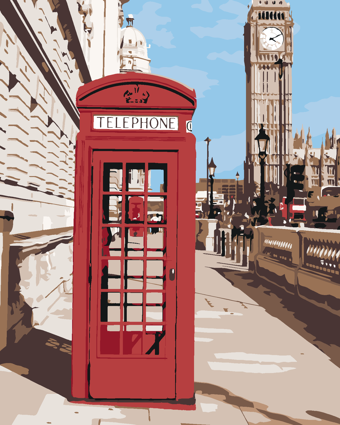 Malování podle čísel - TELEFONNÍ BUDKA V LONDÝNĚ Rozměr: 80x100 cm, Rámování: bez rámu a bez vypnutí plátna