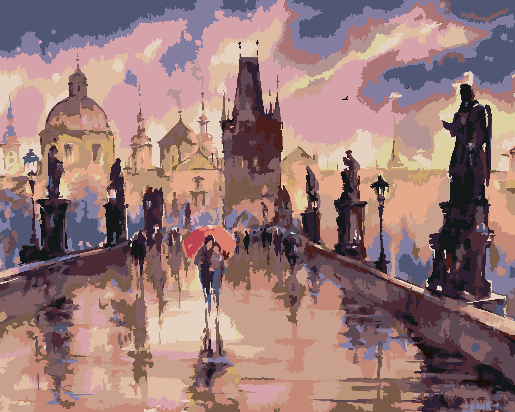 Malování podle čísel - KARLŮV MOST V DEŠTI Rozměr: 80x100 cm, Rámování: bez rámu a bez vypnutí plátna