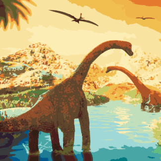 Malování podle čísel - KRÁSNÁ KRAJINA S DINOSAURY Rozměr: 80x100 cm, Rámování: bez rámu a bez vypnutí plátna