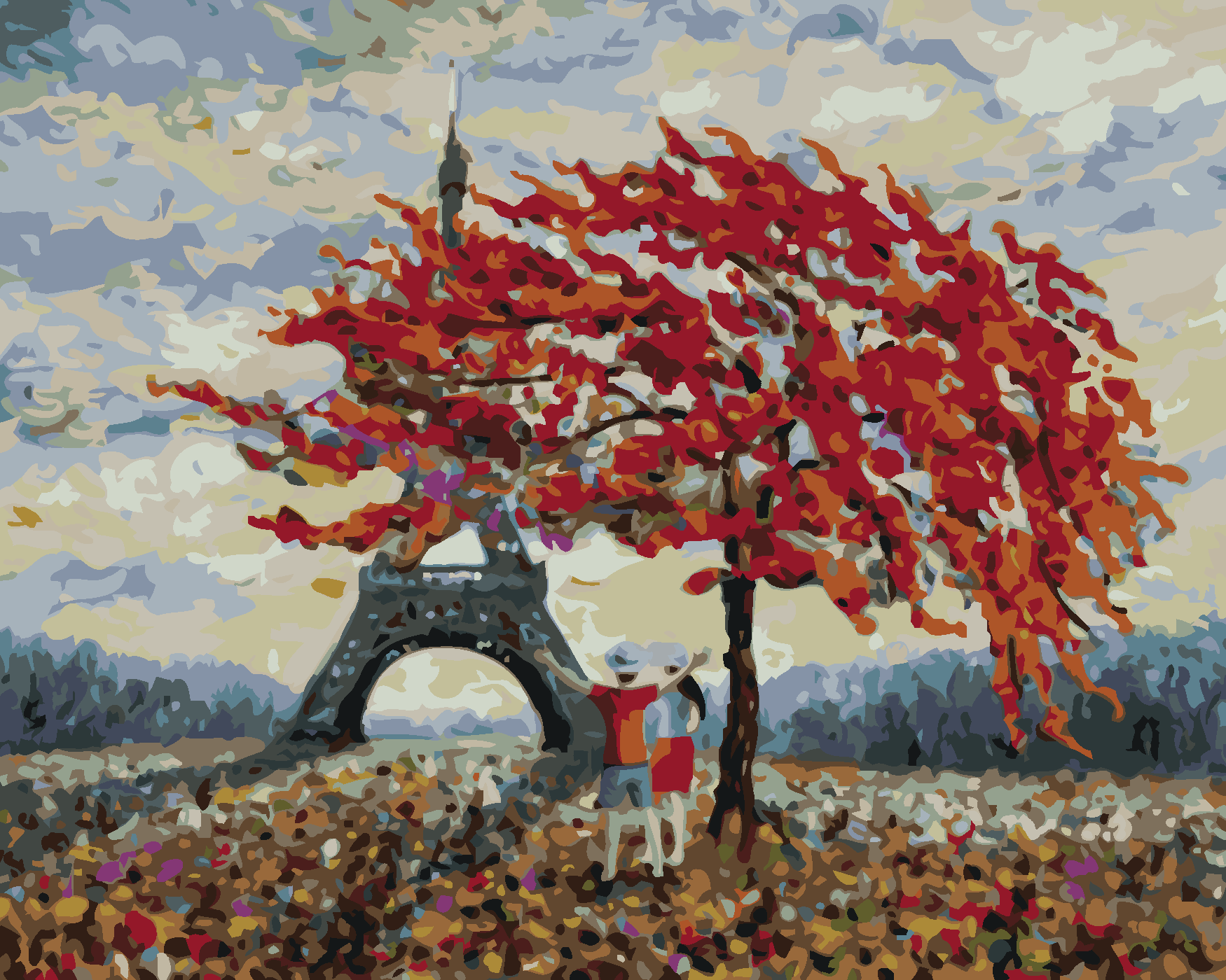 Malování podle čísel - ZAMILOVANÝ PÁR A EIFFELOVA VĚŽ Rozměr: 80x100 cm, Rámování: bez rámu a bez vypnutí plátna