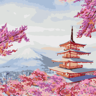 Malování podle čísel - JAPONSKO CHRÁM A RŮŽOVÉ KVĚTINY Rozměr: 40x50 cm, Rámování: vypnuté plátno na rám