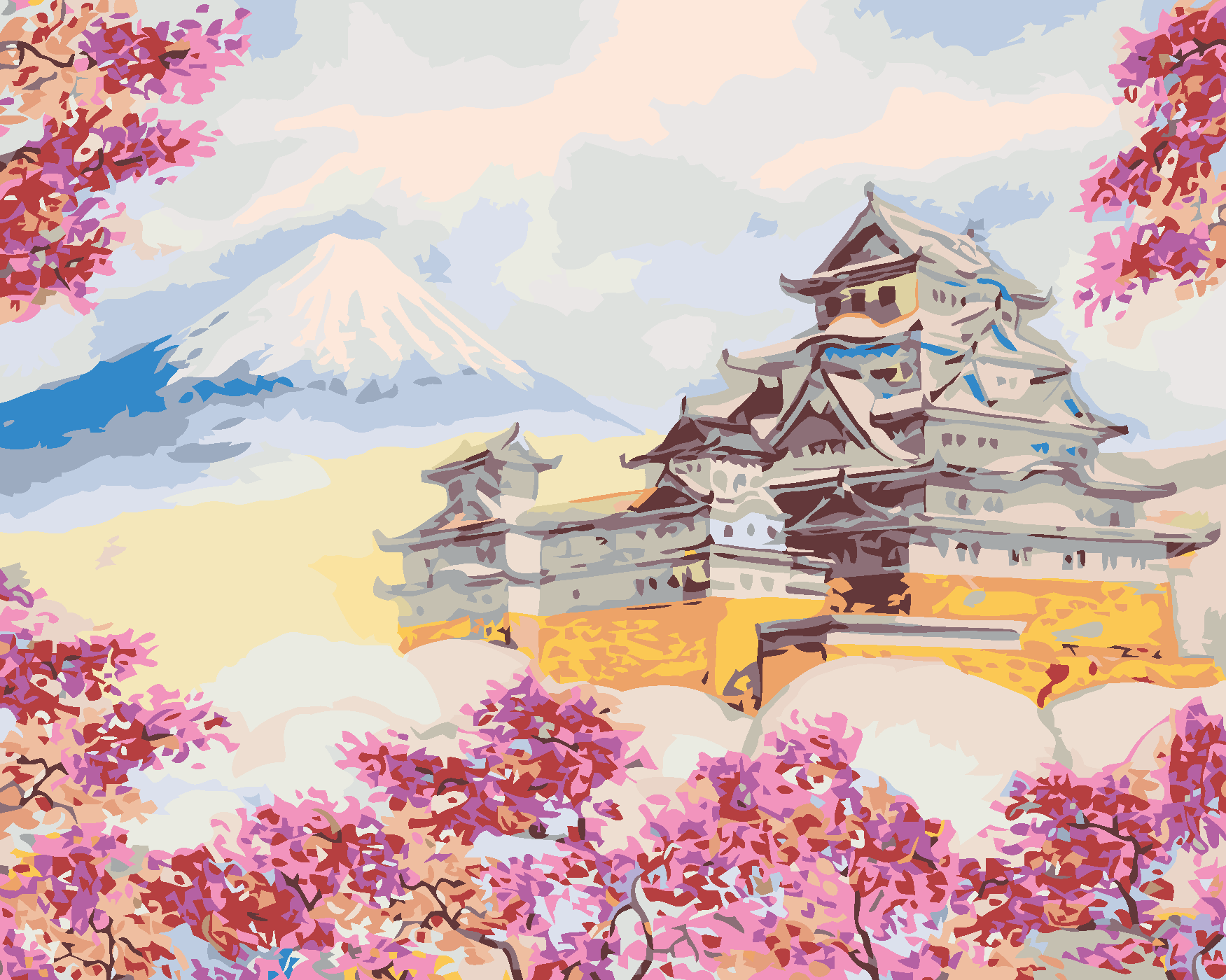 Malování podle čísel - JAPONSKO CHRÁM OBKLOPENÝ KVĚTINAMI Rozměr: 40x50 cm, Rámování: bez rámu a bez vypnutí plátna