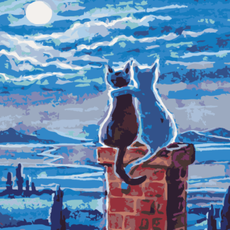Malování podle čísel - KOČKY NA STŘEŠE A MĚSÍC Rozměr: 40x50 cm, Rámování: vypnuté plátno na rám