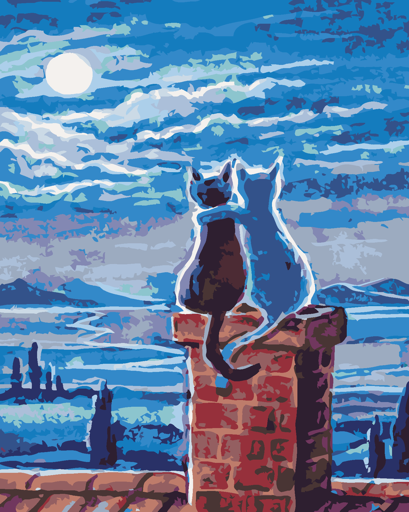 Malování podle čísel - KOČKY NA STŘEŠE A MĚSÍC Rozměr: 40x50 cm, Rámování: vypnuté plátno na rám
