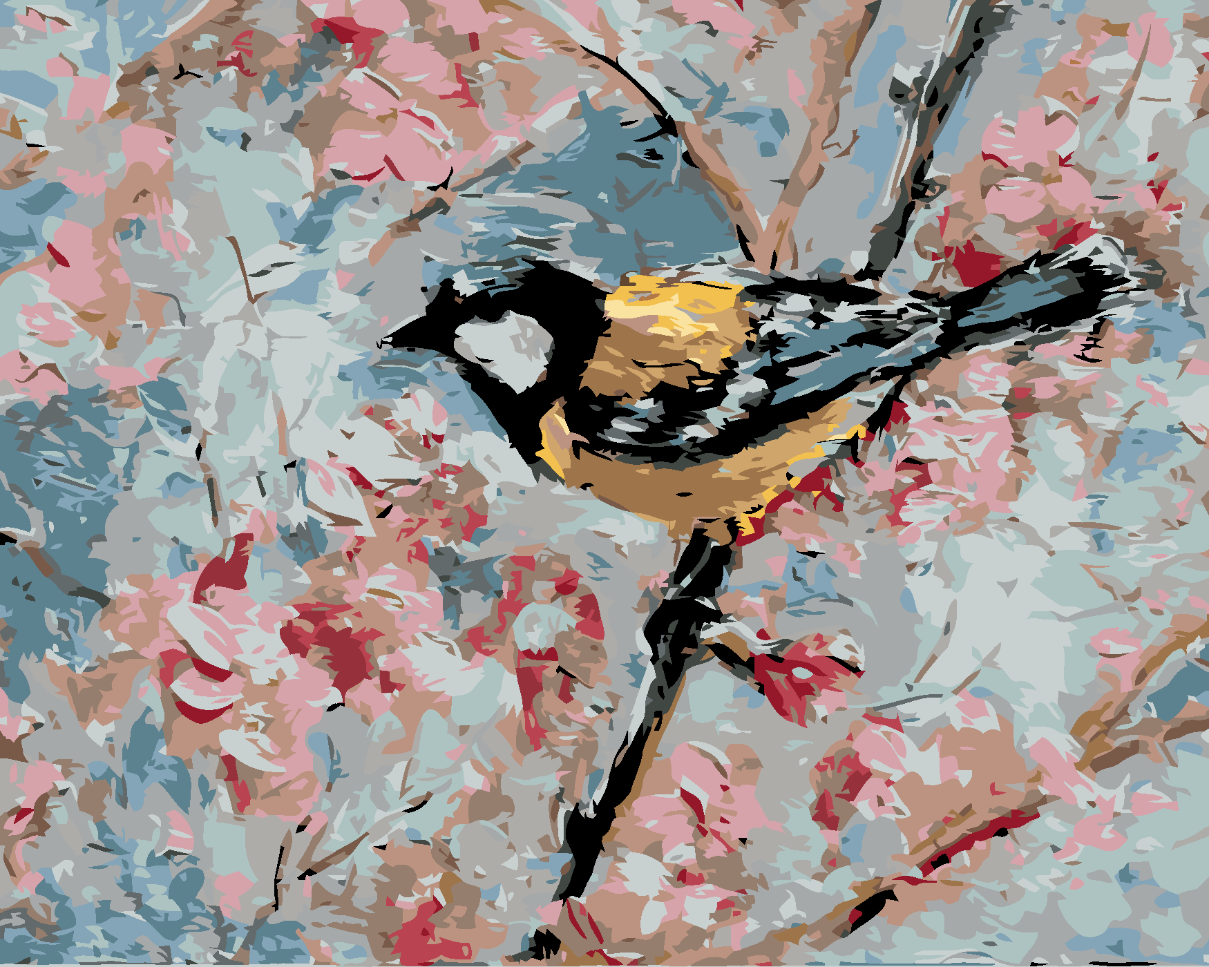 Malování podle čísel - PTÁČEK A RŮŽOVÉ KVĚTINY Rozměr: 80x100 cm, Rámování: bez rámu a bez vypnutí plátna