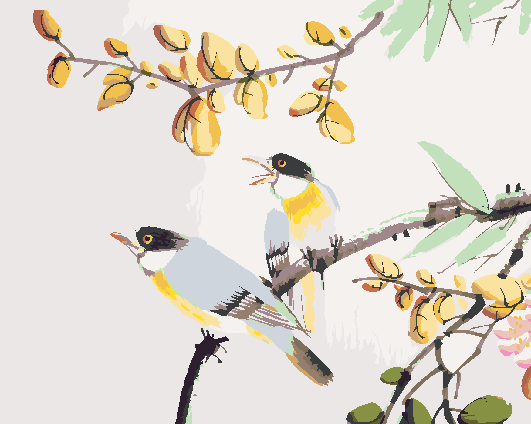 Malování podle čísel - PTÁČCI NA STROMĚ ČÍNA Rozměr: 80x100 cm, Rámování: vypnuté plátno na rám