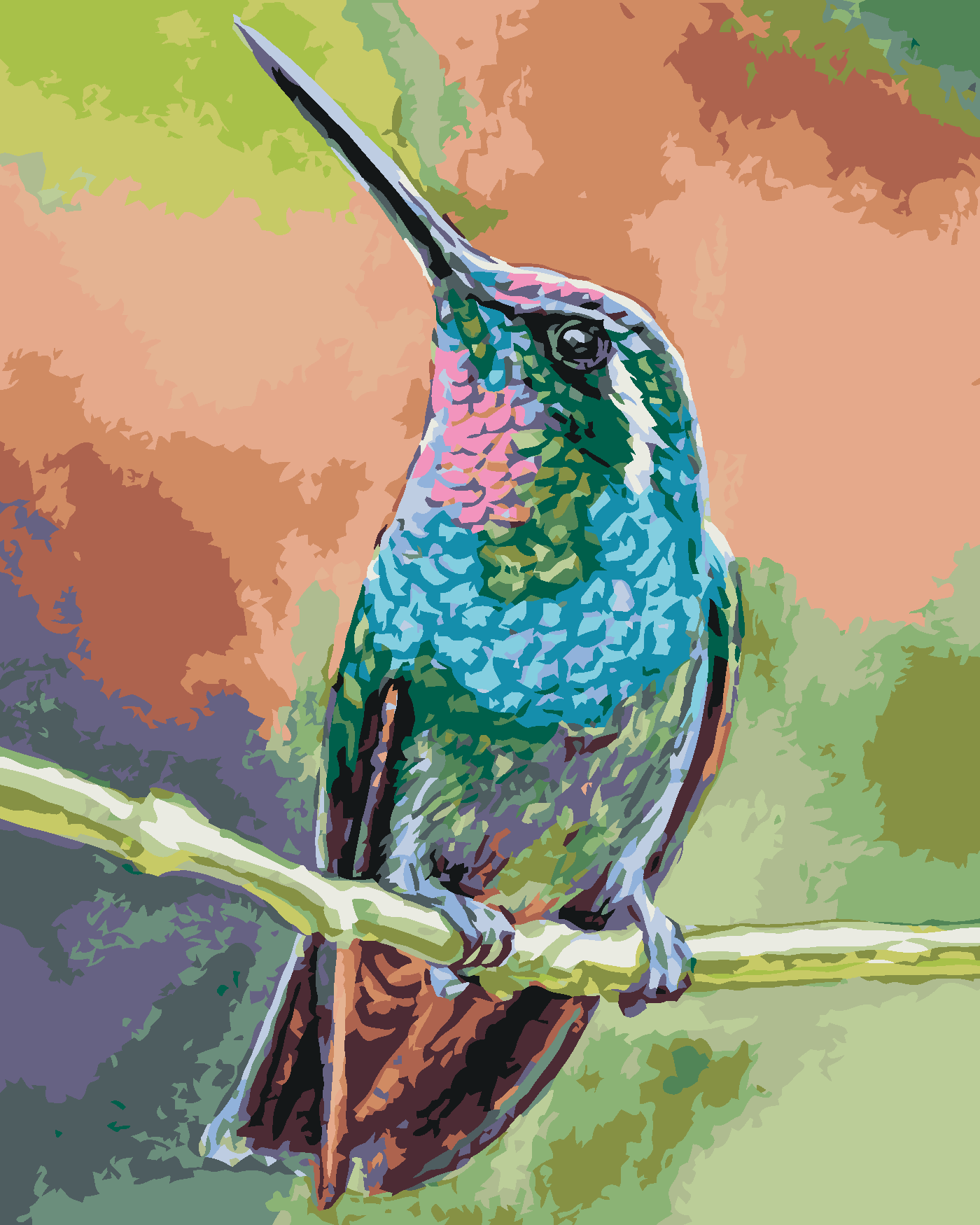 Malování podle čísel - KOLIBŘÍK NA VĚTVI Rozměr: 80x100 cm, Rámování: vypnuté plátno na rám