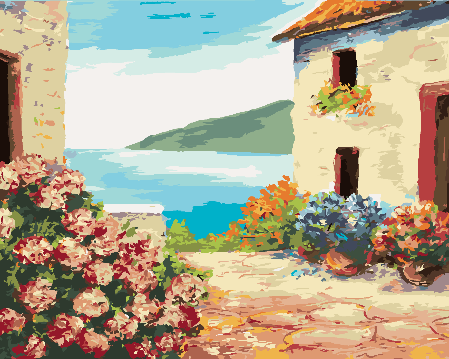 Malování podle čísel - DŮM U MOŘE A KVĚTINY Rozměr: 80x100 cm, Rámování: vypnuté plátno na rám
